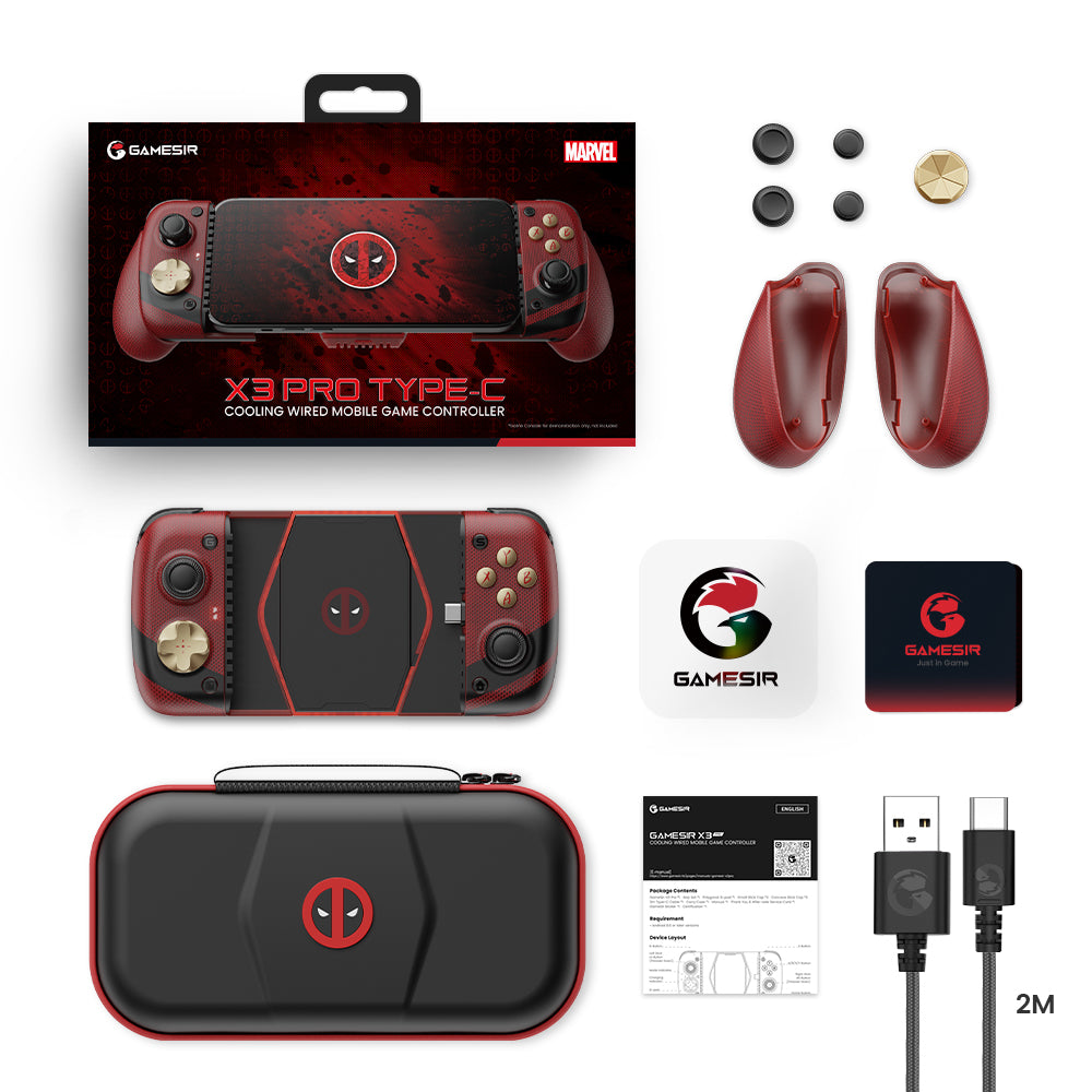 Complete package contents and accessories for GameSir X3 Pro Deadpool Edition
